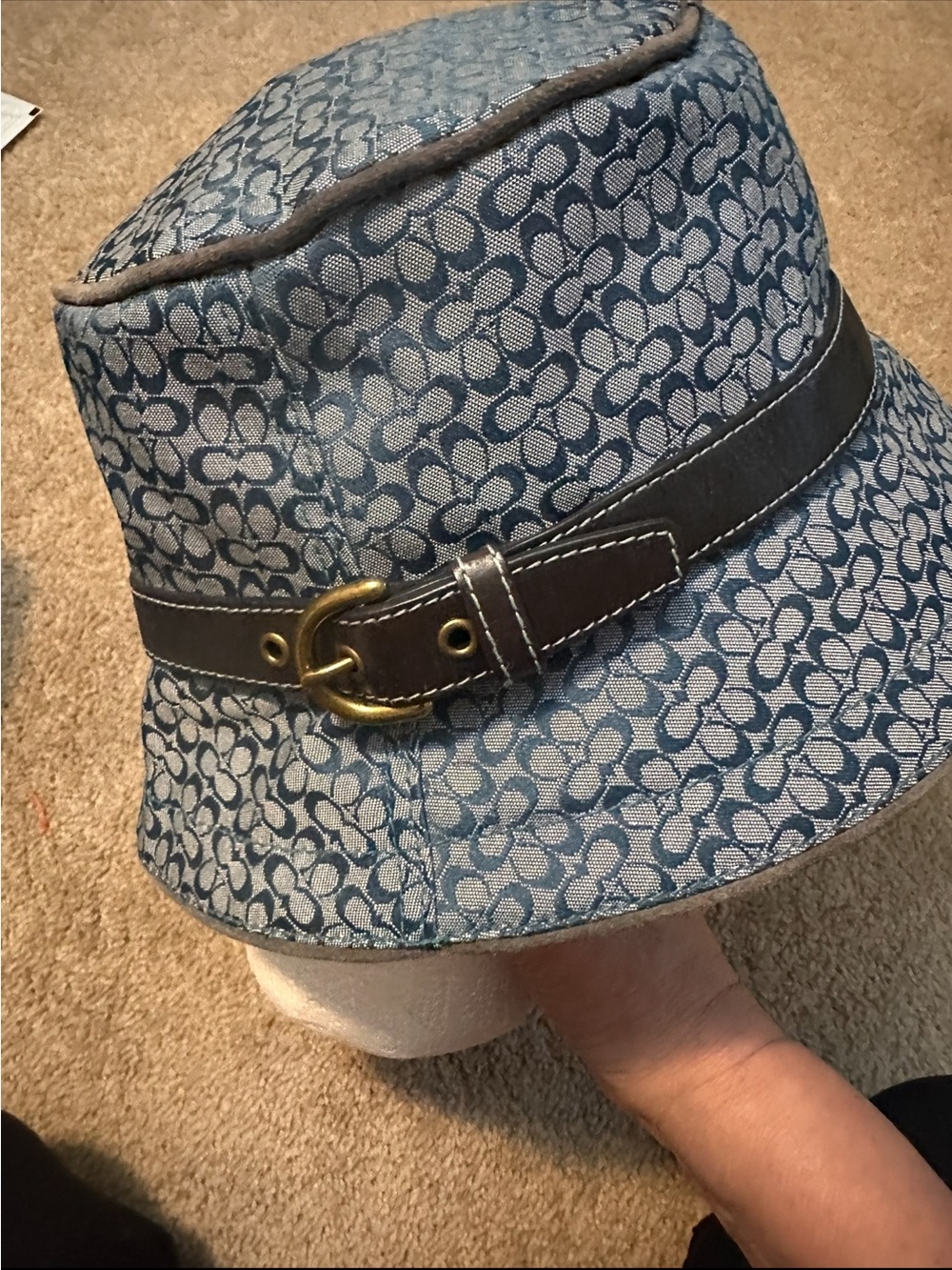 Coach Blue Signature Jacquard Bucket Hat with Brown Leather Band